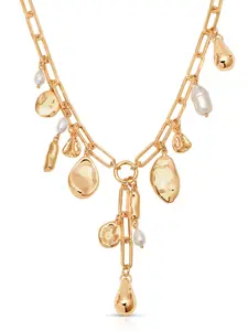 Ettika Melting Metal Charm Lariat Necklace 18k Gold Plated with Cubic Zirconia & Freshwater Pearls 18" with 3" Extender Chain for Adults