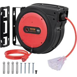 VEVOR Retractable Extension Cord Reel, 65 FT, Heavy Duty 12AWG/3C SJTOW Retractable Power Cord with Lighted Triple Tap Outlet, 15 Amp Circuit Breaker 180 °   Swivel Bracket for Ceiling Wall Mount lockable hasp tool rack