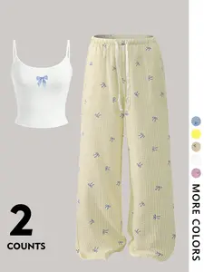 Y2K Sweet Girl Cute 2-Piece Pink Plaid Bow Pajama Loungewear Set - White Slim Camisole + Loose Wide-Leg Pants, Lazy Style