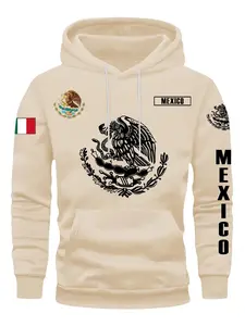 Mexican Eagle Print Graphic Hoodie Long Sleeves with Coat of Arms and Flag Design, Streetwear Fitness Daily Wear, Unisex Casual Fitted Pullover