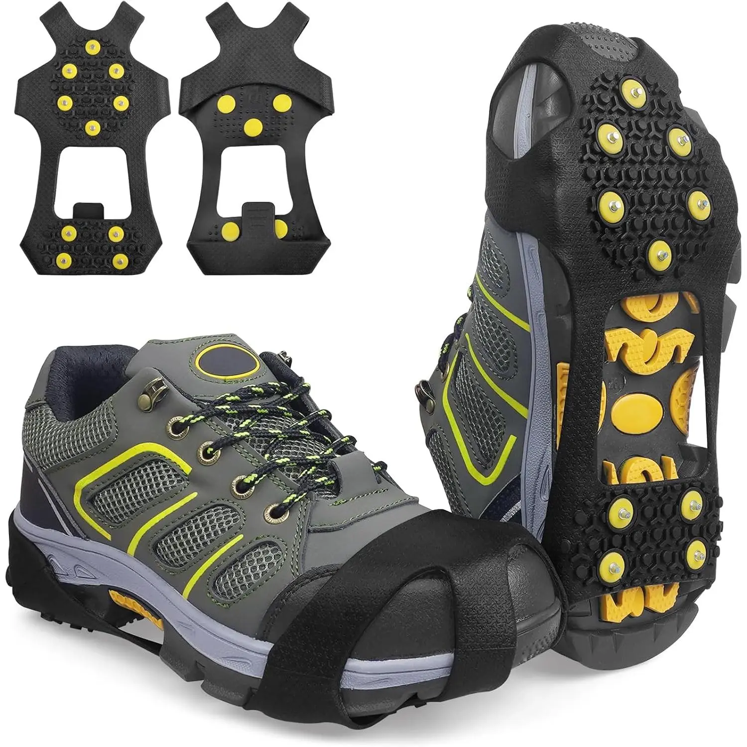 Winter Sports Ice Cleats for Men's Shoes & Boots, 10 Stainless Steel Studs Slip-On Stretch Rubber Overshoes, Anti-Slip Traction for Hiking, Hunting, Large Ice Fishing Gear, Easy On And Off, Full Protection, Non-Slip Steel Studs