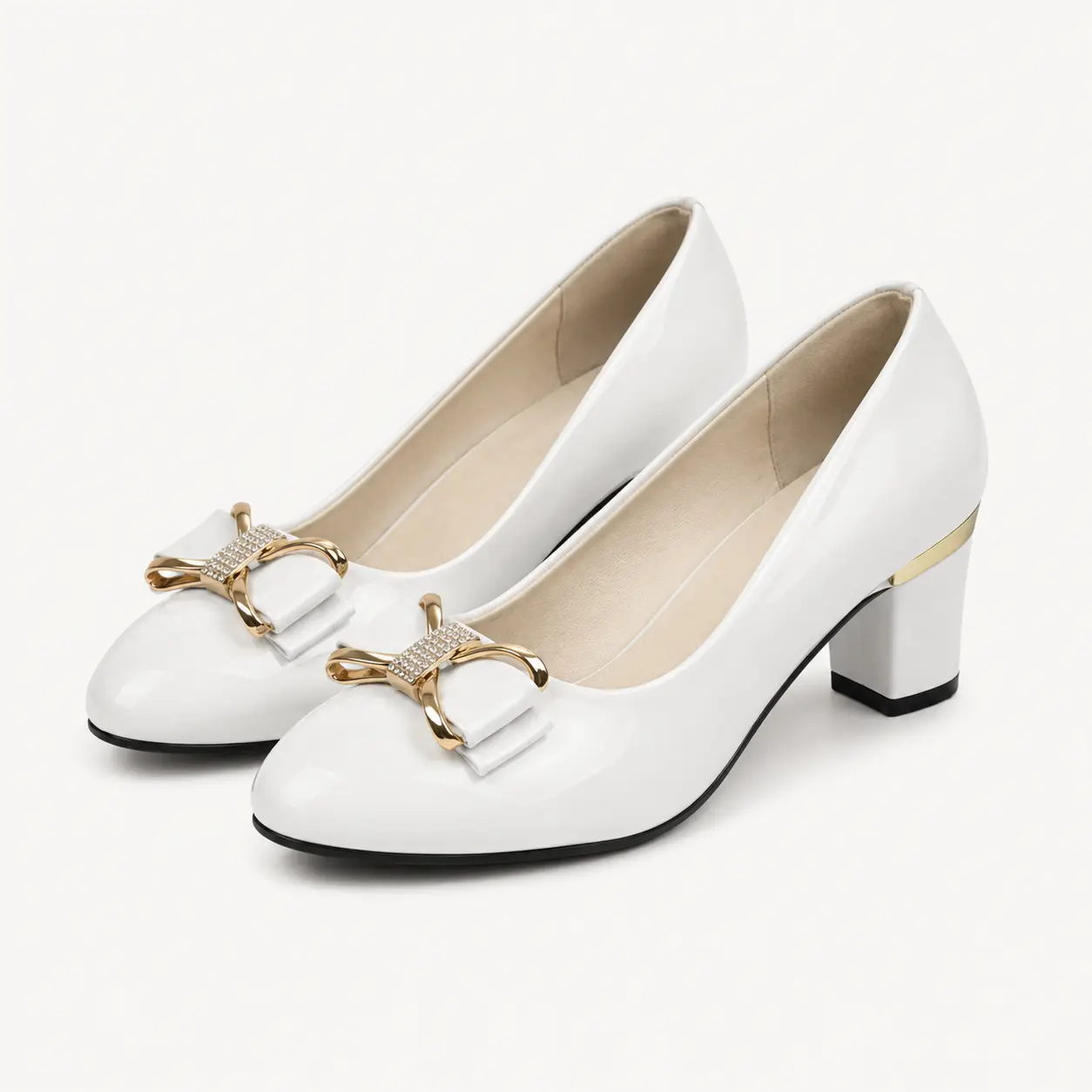 GeeYea women’s White Bow Block Heel Shoes, Closed Round Toe High Heels with Glossy PU Upper, Gold-Tone Rhinestone Accent & PVC Sole, Elegant Office, Wedding Guest, Date Night & Party Heels