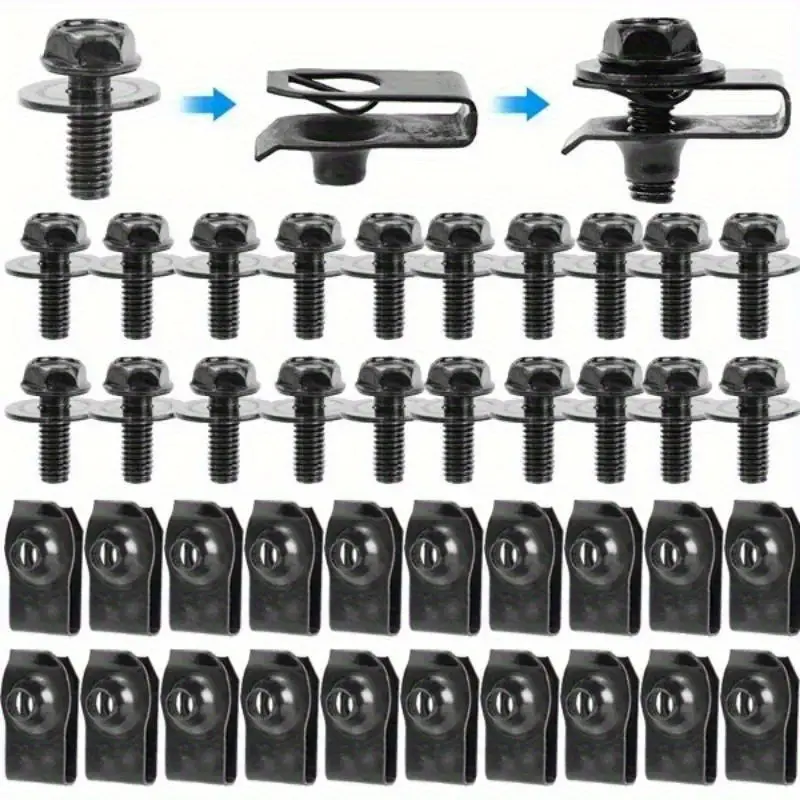 5/10/20 Sets Car Body Replacement Bolts & U-nut Clips M6 Engine Cover Undertray Splash Shield Guard Bumper Fender Liner Retainer Fastener Rivet Screws Car Accessories Automotive Accessories