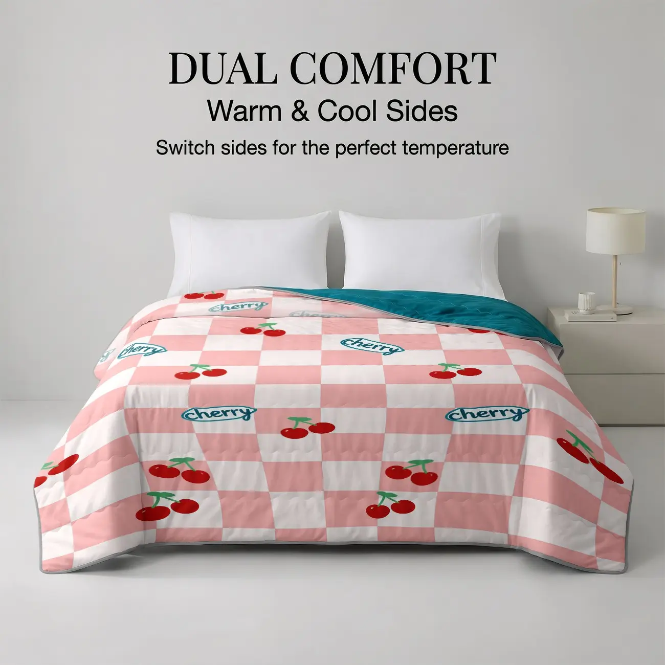 1pc Cherry Checkerboard Reversible Quilt, 2-in-1 Dual Comfort Cool & Warm Sides Blanket, Lightweight Quilted Air Conditioner Comforter, All-Season Bed Cover for Home