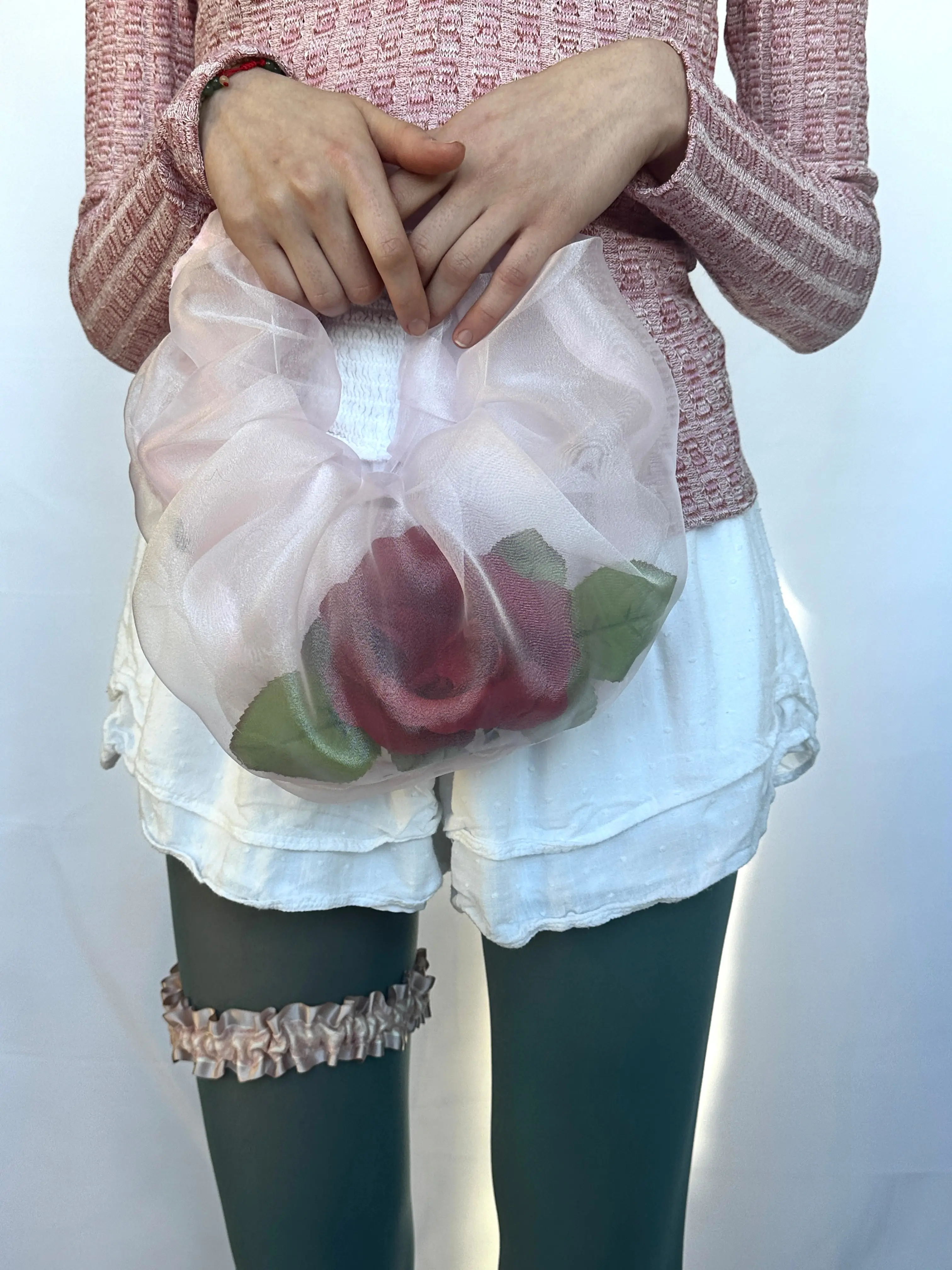 Rose Baby Bag - 10"x10" Organza Clutch with Faux Rose & Plastic Flowers - 100% Nylon & Plastic Material - Plain Pattern - Elastic Closure