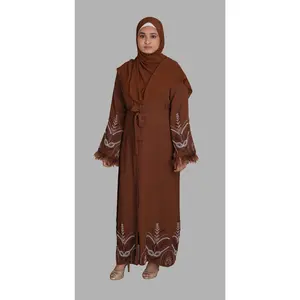 Two-Piece Embellished Closed Feather Abaya - Toffee Brown