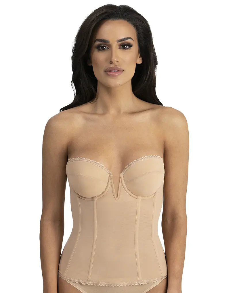 Dominique Vivienne V-Wire Longline Strapless Bra #8990 - Deep Plunge Bridal Corset Top, Detachable Garters - Full Support, Low Back, Memory Foam Cups - Mocha