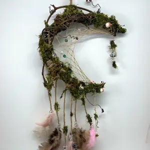 Chaney Dreamcatcher Small Vine Wrapped with Moss and Feathers for Wall Decor