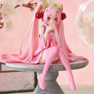 Hatsune Miku Anime figure Pink dress Sitting posture PVC model action toys Cherry pink cherry blossom decoration collect gifts (No Box)