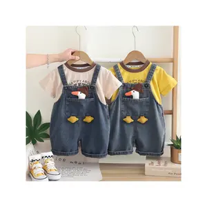 Toddler Boys' Bib Overalls, Cartoon Short-sleeve Top and Denim Shorts Two-piece Set., Perfect for Outdoor