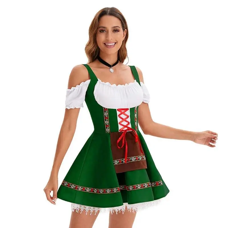 Women's Bavarian Dirndl Costume Dress, Traditional Beer Girl Outfit with Accessories for Oktoberfest & Halloween Cosplay, Women's Clothes, Polyester Clothes, Dirndl Dress