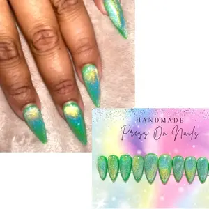 Neon Green Rainbow Cateye Handmade Acrylic Press On Nails - 10 PCS, Custom Sizing Options, Vibrant Color Design