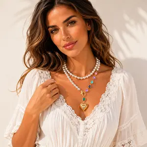 Viral Pearl Heart Necklace for Women, Gold Colorful Crystal Pendant Necklace, Trendy Statement Jewelry for Vacation Dress, White Top Outfit, Party & Date Night Gift outdoorfun