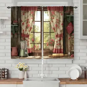 2pcs 2D Flat Beautiful Window View Rose Pink Window Treatment Decorative Rod Pocket Drapery Panels Sink Curtains, Multipurpose Short Curtains, Can Be Used In Kitchen Bedroom Bathroom Living Room