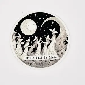 Girls Will Be Girls Vintage Witch Round Vinyl Sticker - Design for Personalizing Journals, Water Bottles, laptops, tumblers, and Witchy Gifts