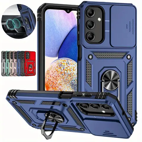 Polycarbonate Multi-Model Armor Slide Camera Lens Magnetic Ring Stand Cellphone Cover - Protective Case for Samsung Galaxy A06 A14 A15 A16 A17 A26 A34 A36 A54 A55 A56 Smartphones, Mobile Accessories