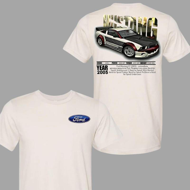 Ford Mustang GT 2005 T-Shirt with Black and White Muscle Car Graphic and Specs Design, White Soft Cotton Blend Shirt, Automotive Streetwear Vibe, for Men and Women, Gift for Car Enthusiasts and Mustang Fans