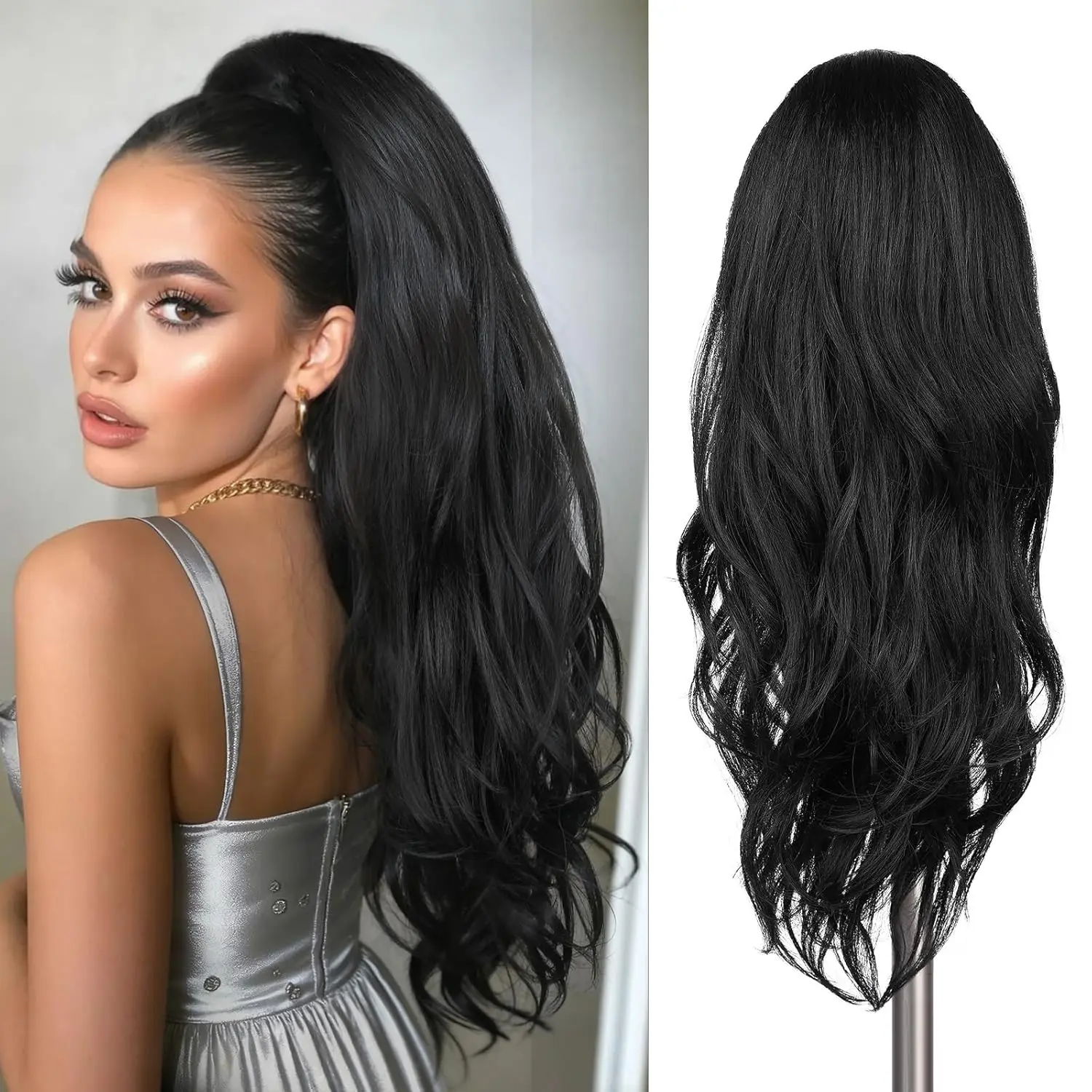 Drawstring Ponytail 26 Inch Black Wavy Ponytail Extension 2-in-1 Styling Wavy Layered Pony Tails for Women Soft  Synthetic Hairpiece for Christmas Daily Party