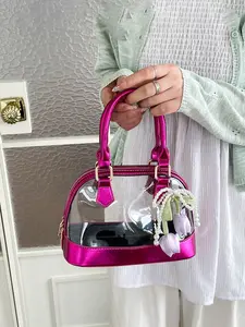 1pc Laser transparent spliced shell handbag, gift tulip pearl pendant jelly bag, casual versatile shoulder bag suitable for women's sweet dates and fashionable dressing scenes with a girlish atmosphere, Casual Trendy Purse