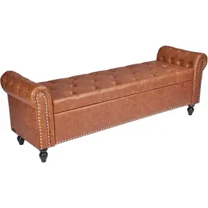 VEVOR Leather Bedroom Bench, PU Leather Bench with Metal Legs and with Stitching for Entryway, Upholstered Shoe Bench Seat, Modern End of The Bed Benches for Living Room, Dining Room, Hallway, BrownVEVOR Super Brand Day