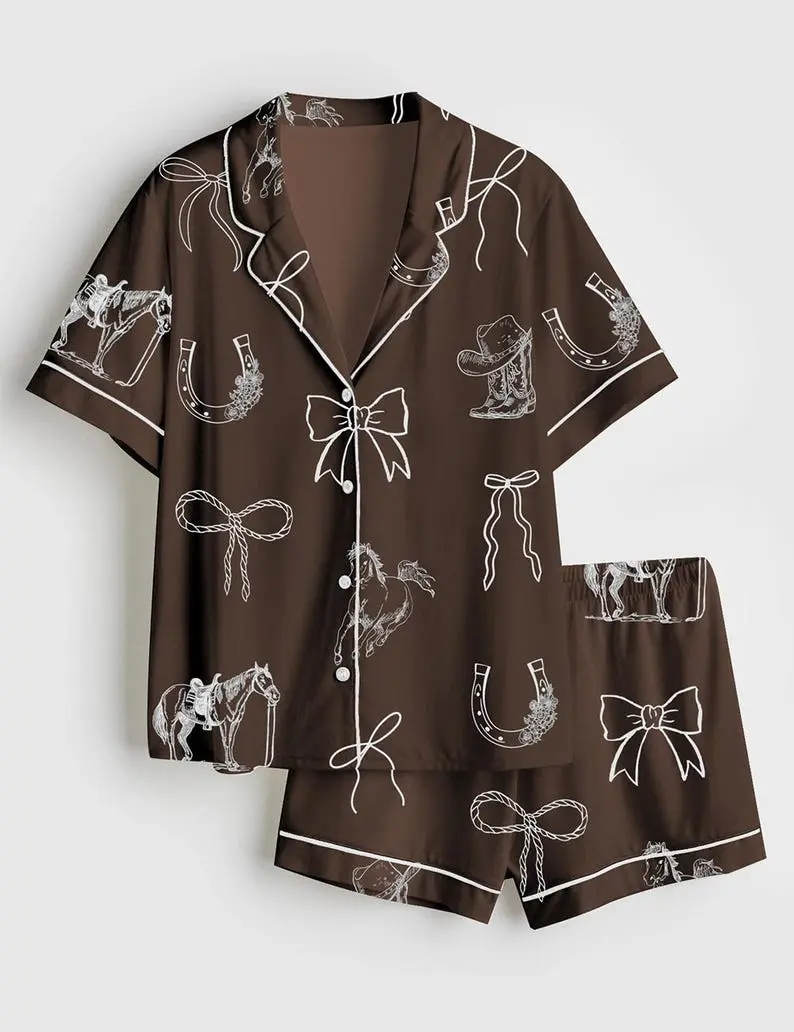 Women's Satin Short-Sleeve Western Horse Print Pajama Set, Cowgirl Sleepwear