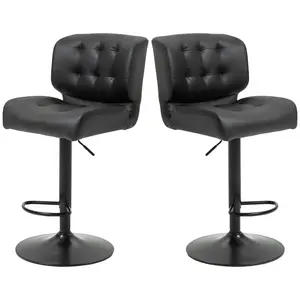Two-piece black height-adjustable swivel bar stools with tufted thick padded cushions and metal footrests suitable for daily leisure sitting and chatting with friends at home bars