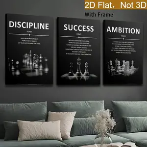 2D flat framed 2D graphic effect, 3 framed canvas paintings and posters, ready to hang, ideal office decoration, inspirational quotes, chess, home decoration, wall art, room decoration, home wall painting, high-resolution printing, ideal gift, living room