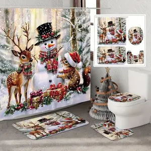 1/4 pcs Christmas themed shower curtain set with snowman, elk and pine tree patterns, festive design, non-slip floor mat, U-shaped rug, toilet seat cover, perfect for bathroom decoration, Bathroom Decoration Accessories, 12 shower curtain hooks included
