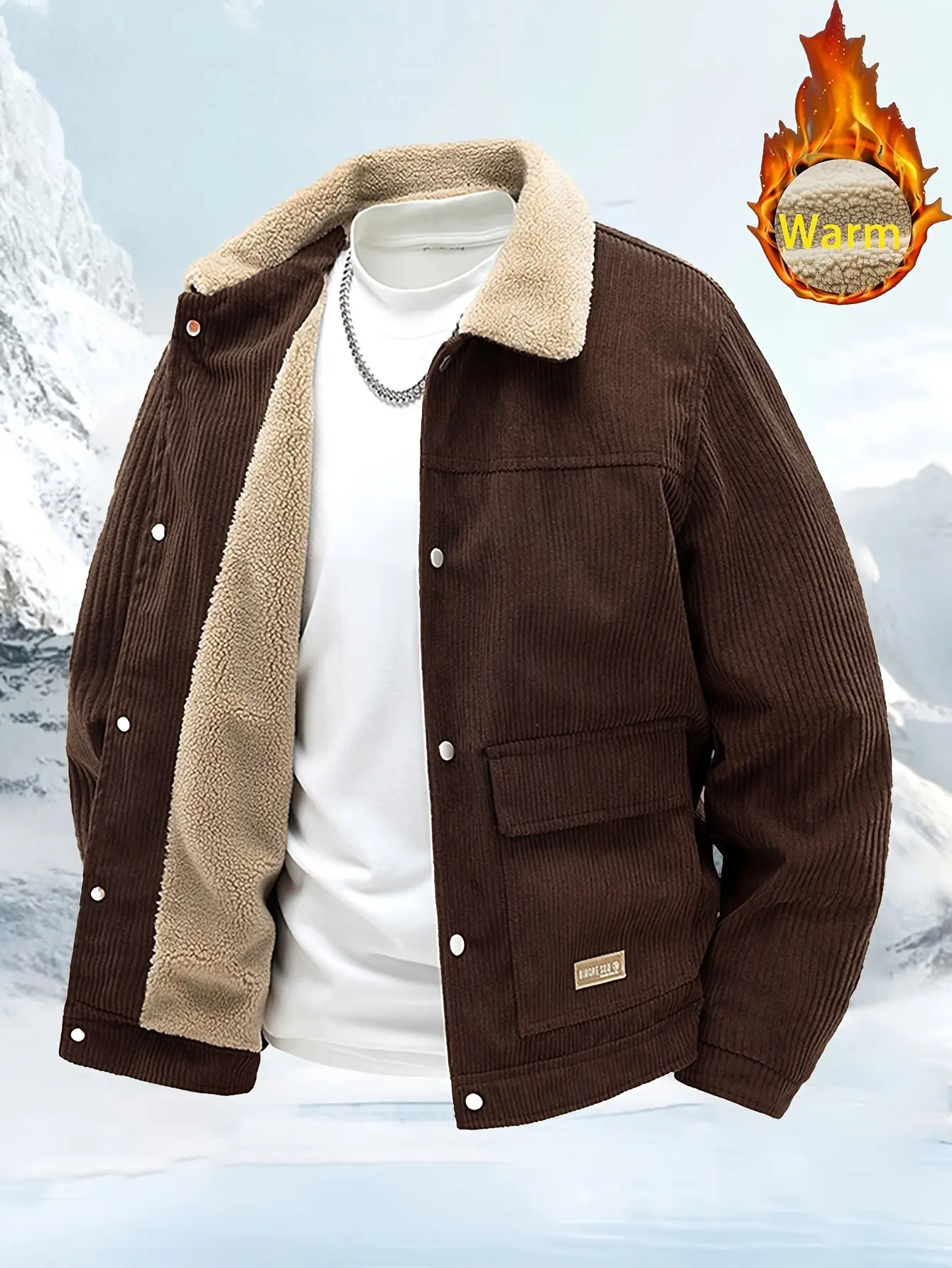 Men’s Plain Long Sleeve Corduroy Coat, Autumn/Winter Menswear Top with Turn-Down Collar & Fleece Lining, Warm Cold-Resistant Casual Workwear Outerwear for Going Out