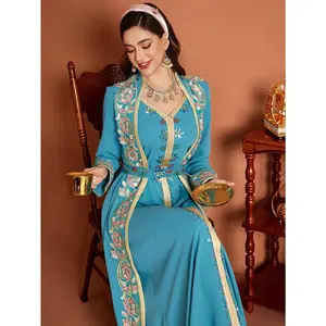 Women's Hand-Sewn Crystal-Embellished Arabic/ Clothing Dress with Belt - Long Sleeve A-Line Formal Gown for Weddings, Galas & Middle Eastern Events, -Length Non-Stretch Elegant Party Dress