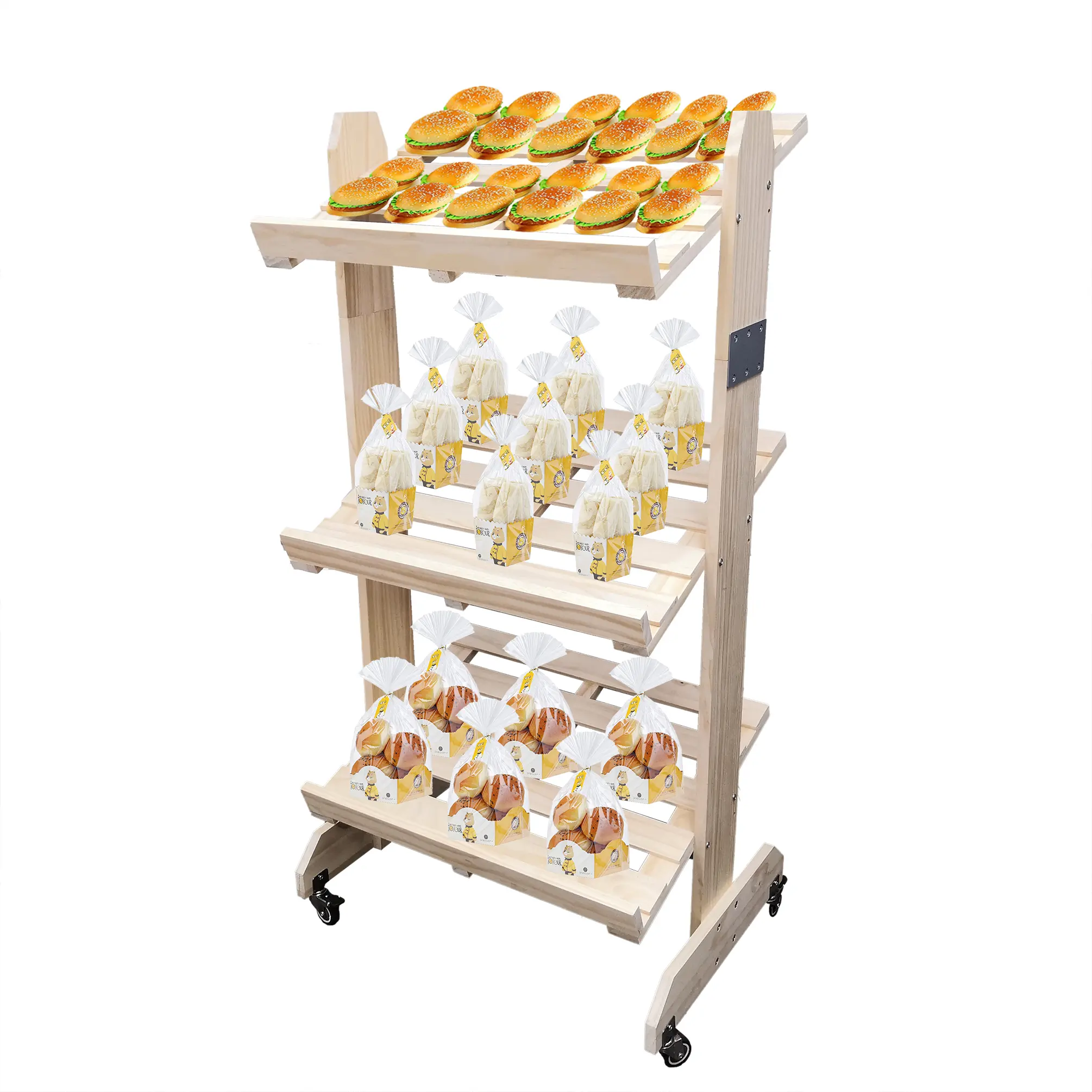 FixtureDisplays® Wood Bakery Rack Bread Shelf Stand Produce Grocery Wood Display Kitchen Pantry Organizer 26.8" X 18.5" X 51.5" 101198-NF