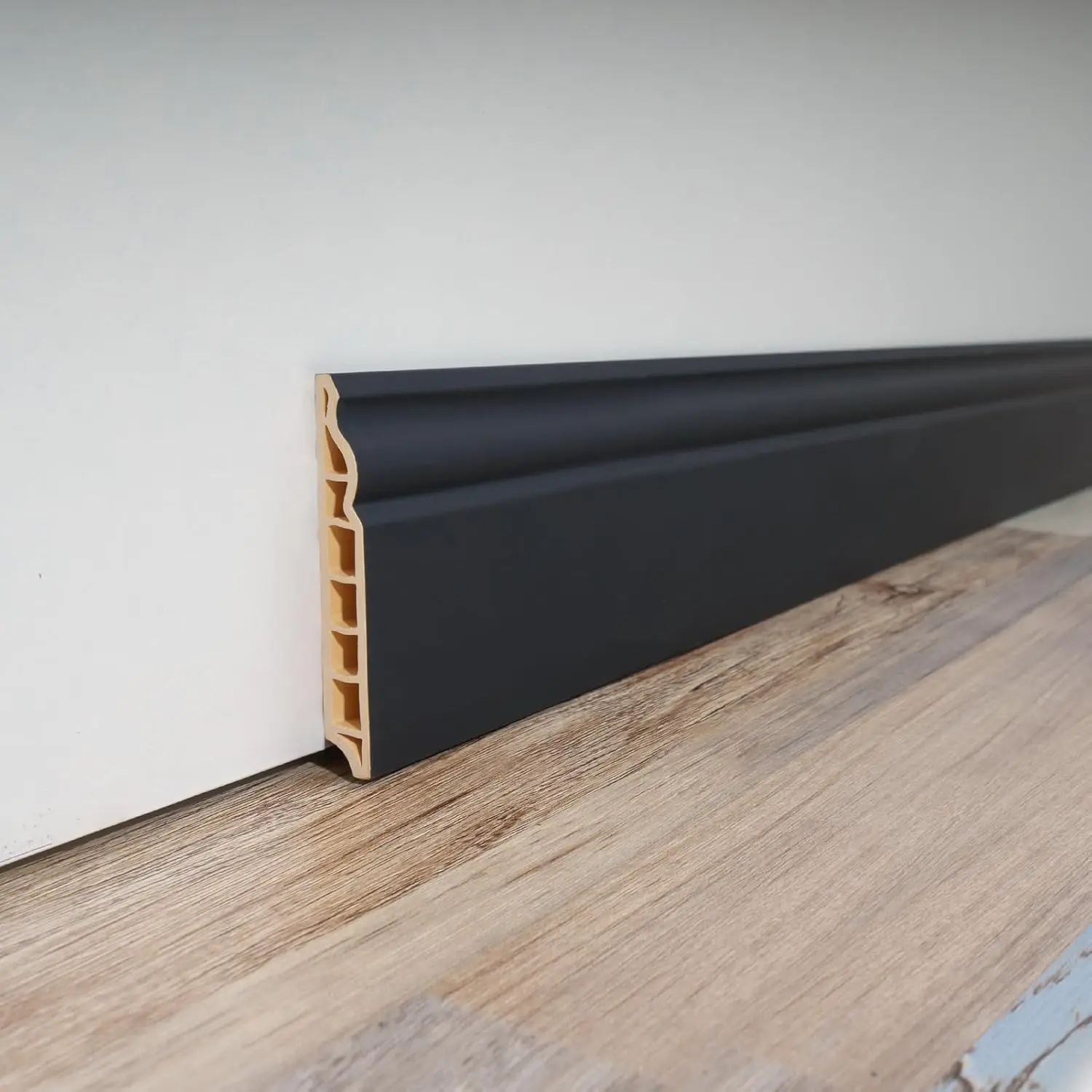 Black High-Impact Polystyrene Wall Baseboard Molding Trim - 8 Count, 56x3.2 in Synthetic Glue-Installed Skirting Board with Easy Installation, Manufacturer Warranty for Bathroom, Kitchen, Living Room