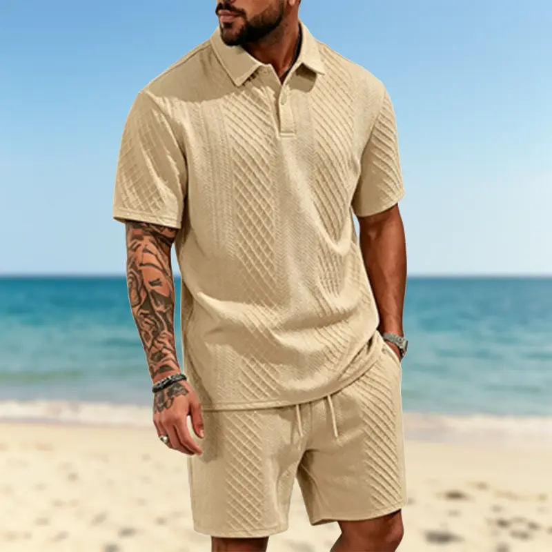 Men’s summer casual textured solid-color polo shirt and shorts two-piece set, featuring a loose fit suitable for everyday wear and sports—comfortable, versatile solid-color menswear.