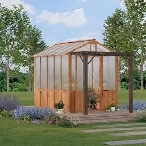 8X13ft Greenhouse Kit with Pergola, Wooden Walk-in Green House with Cedar Frame, Greenhouse Kit with 6mm Thick Polycarbonate Panel