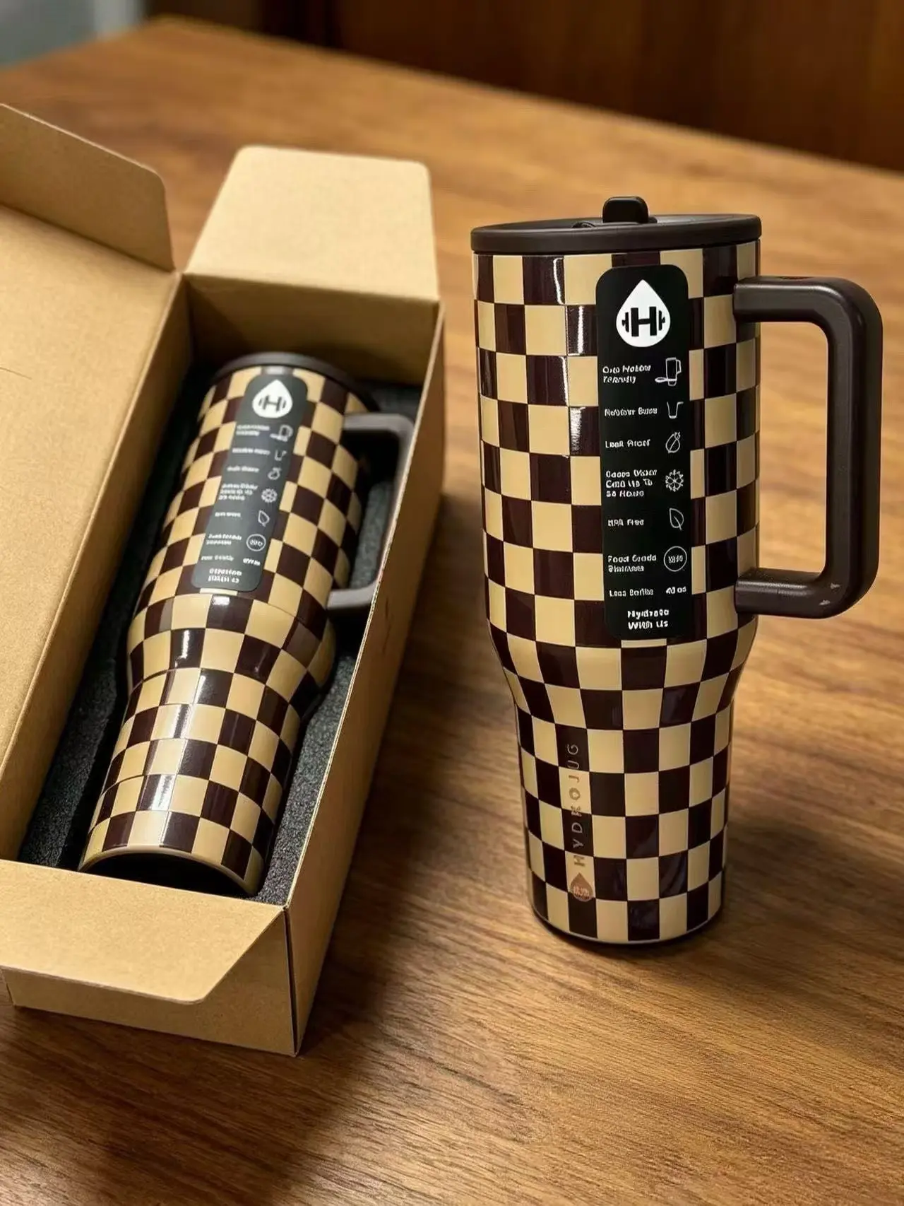 HydroJug 40oz Retro Brown Beige Checkerboard Stylish Stainless Steel Water Bottle Flask, Leakproof BPA-Free Travel Tumbler, Car Cup Holder-Fit, Ideal for Daily Hydration & Gifting, Water Bottles