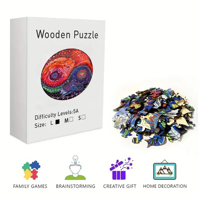Yin Yang Mandala Wooden Jigsaw Puzzle for Adults & Kids - Challenging Irregular Shaped Pieces, Psychedelic Abstract Art Puzzle, Stress Relief Brain Teaser, Framable Wall Art & Home Decor