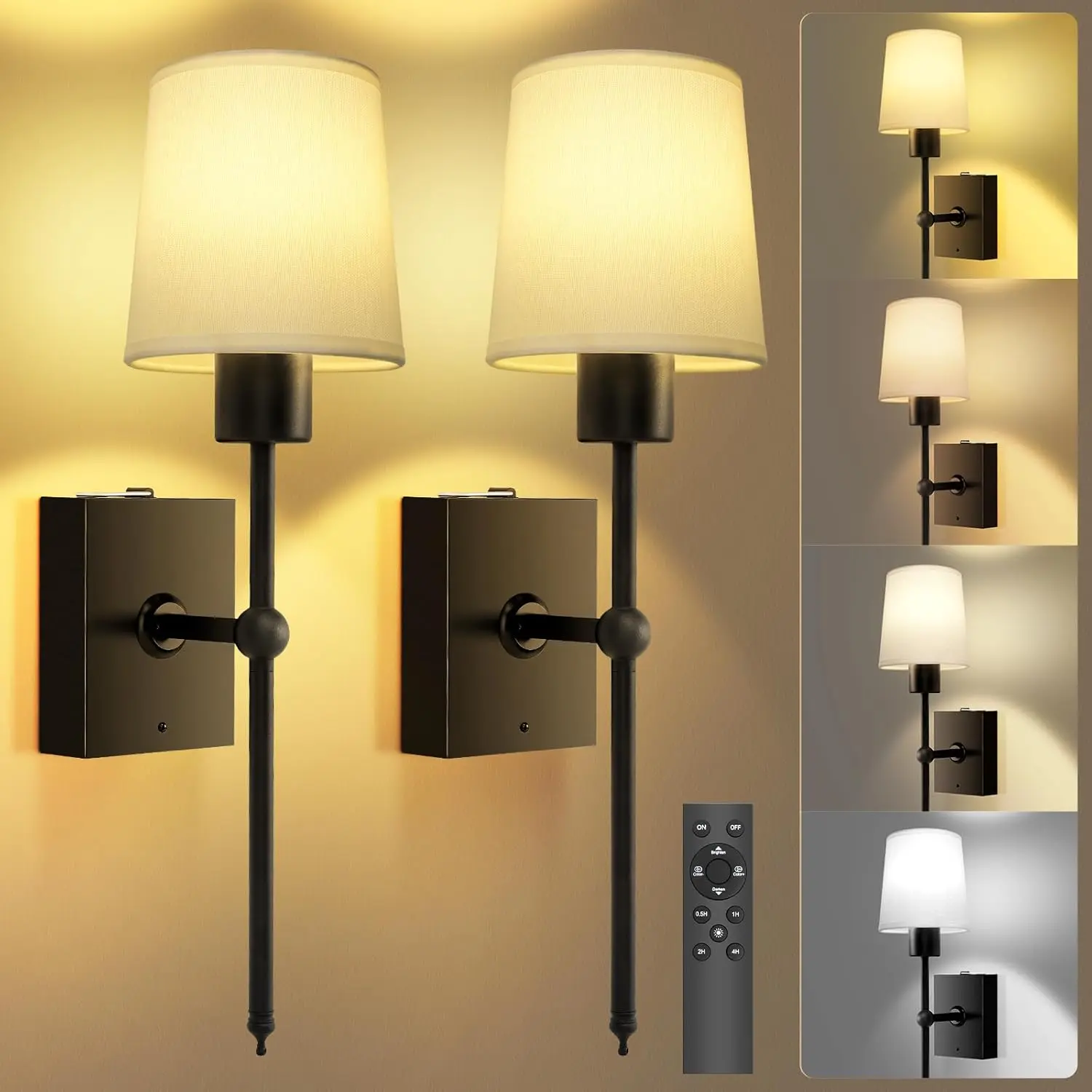 [Summer Finds] Wireless Battery Operated Wall Lights Set w/ Remote | Adjustable Brightness | Ambient Lighting, Set of 2 | White Fabric Shade, Indoor Wireless Lamp For Bedroom Living Room,Apr Stock Up,Summer Vibes,outdoorfurnitureset