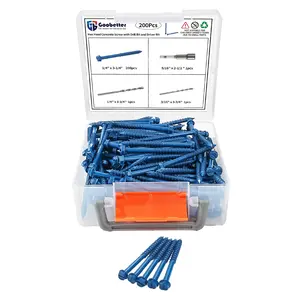 200Pcs 1/4" x3-1/4 Concrete Screws with 2 Drill Bits & 1 Driver Bit, Slotted Hex Washer Head Self-Tapping Masonry Screws for Brick, Block, Stucco, Concrete - Blue Flat Head Anchors