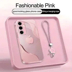 Luxury Faux Brushed Metal Texture Phone Case with Flower Lanyard | Glossy Glass Feel 2D Printed Cover | for [Galaxy S24 Fe] 952