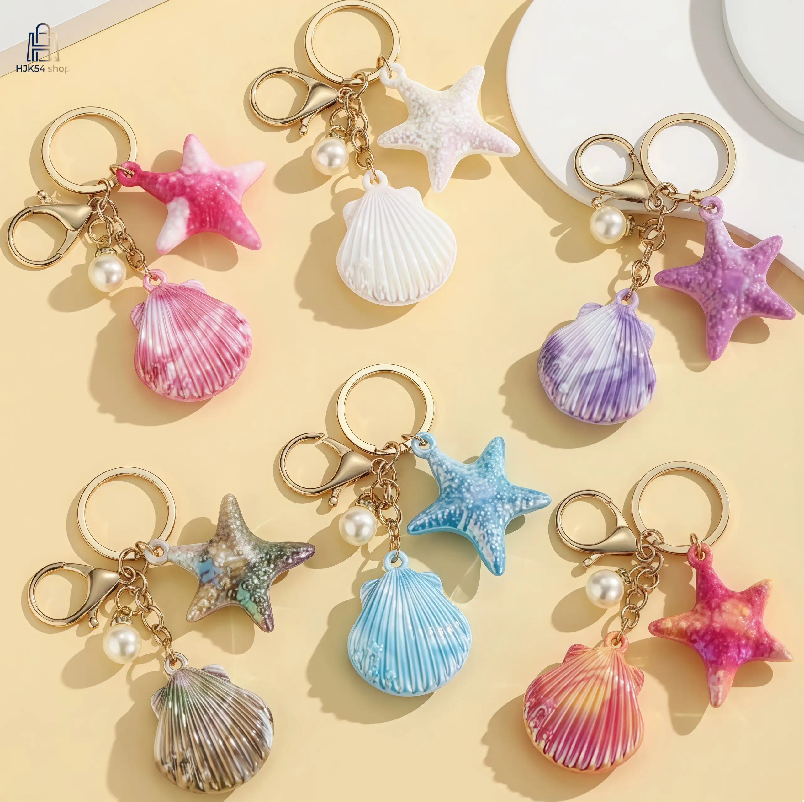Ocean Theme Keychain for Women, Coastal Iridescent Resin Bag Charm with Nautical Starfish & Seashell Accents, Summer Beach Accessory with Lobster Clasp, Beautiful Keychain, Resin Pendant, Cool Keychains, Keychain Charms