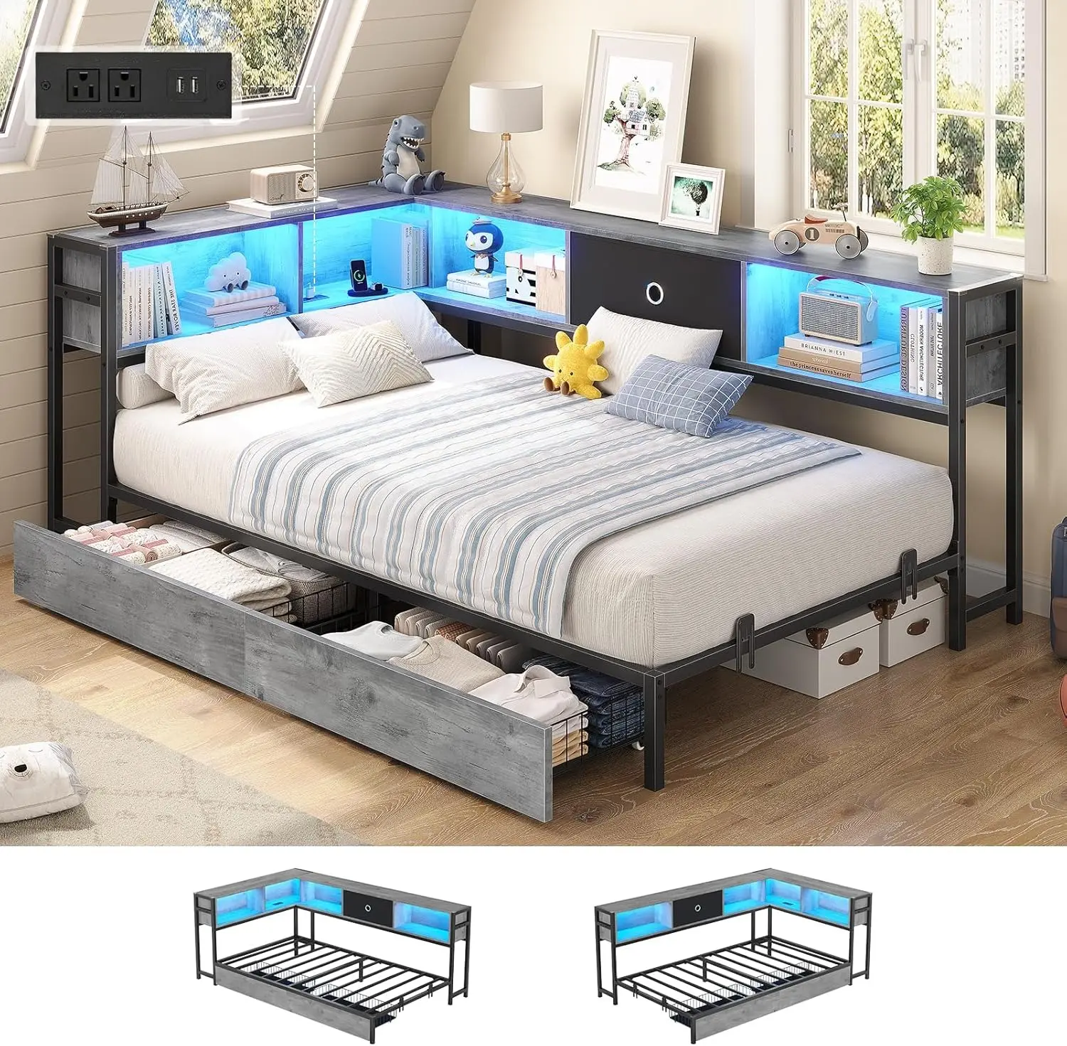 Sikaic Corner Bed Frame with Storage Drawers and Bookcase Headboard, Twin Size Metal Platform Corner Bed Frame with Charging Station and LED Lights, Twin Daybed for Kids, Teens, Guests, Oak Gray