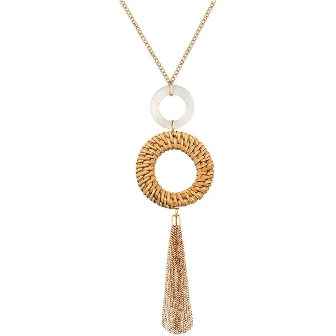 Tassel Pendant Necklace Handmade Straw Wicker Braid Statement Y-Shaped Long Chain Necklace for Women