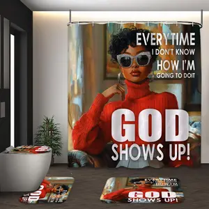 LVRLVR 4Pcs God Shows Up Inspirational Quote African American Woman Print Modern Christian Multi-Color Shower Curtain Set 70.8×70.8 Inch Bathroom Accessory Shower Decor