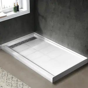 Left/Right Drain Alcove Single Threshold Anti-Slip White Shower Pan Base, Stainless Steel Trench Cover Included