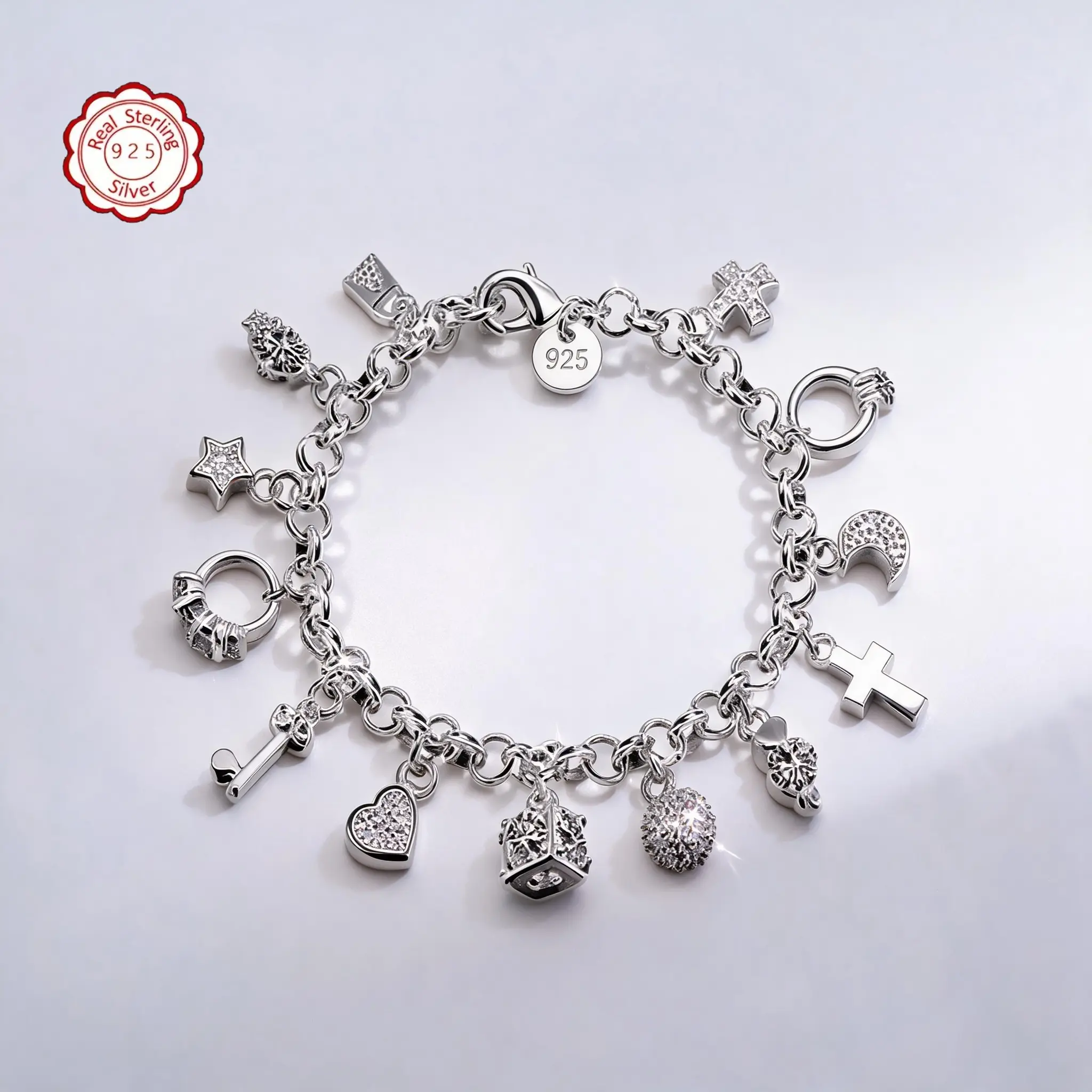 925 Sterling Silver Bracelet for Women, Bohemian Style Statement Jewelry with 13 Heart & Key Charms, Female Birthday Gift Idea, Birthday Gift Ideas, 925 Real Silver Bracelets & Bangles, Charm Style Bracelets & Bangles