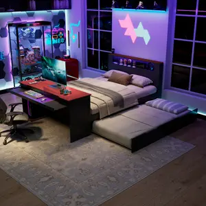 Full Size Platform Bed Frame with Twin Size Trundle,Desk,LED light and USB, Wood Daybed Frame, No Box Spring Needed, Black+Red