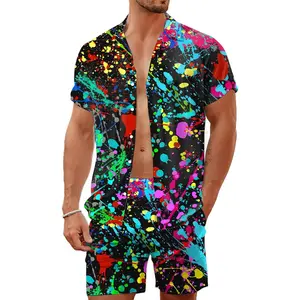 80s 90s Men's Hawaiian Outfits 2 Piece Shirt and Shorts Sets Button Down Beach Suits Disco Party