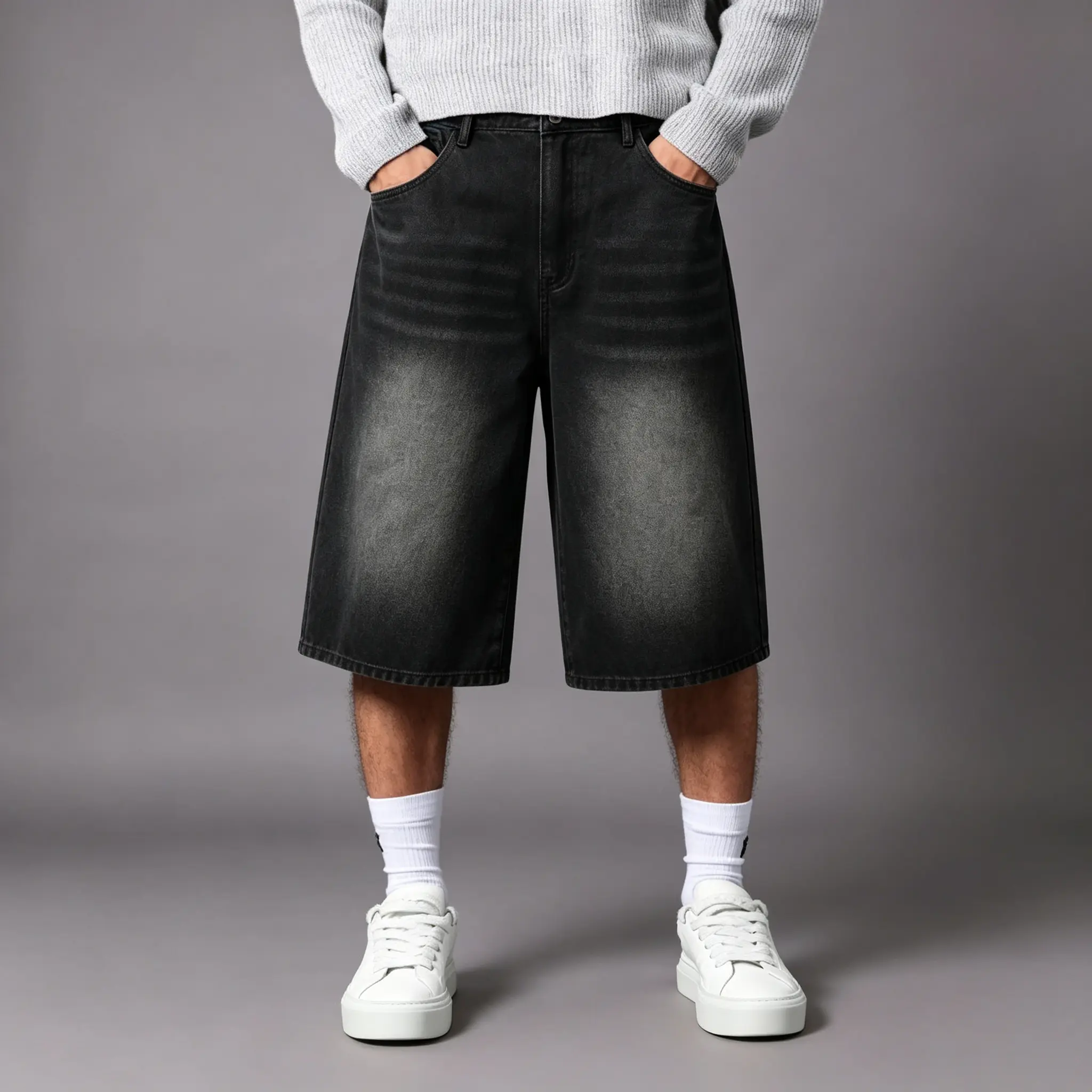 Men's Baggy Vintage Black-Grey Washed High-Waisted Cotton Denim Jorts, 1 Piece, Loose-Fit Wide-Leg Knee-Length, Button Closure, Minimalist Stitching, Soft Breathable Fabric, Machine Wash, Ideal for Summer Casual Gatherings, Urban Skateboarding, Baggy Jort