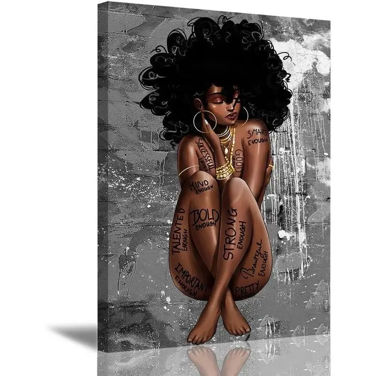 Frameless Art Poster: Black Queen Wall Decoration. African American Wall Art. Abstract Canvas Wall Decor Featuring a Black Girl, Ideal as Fashionable Black Woman Wall Decor. African Woman Portrait in a Meditation Theme, Presented as a Vertical Painting
