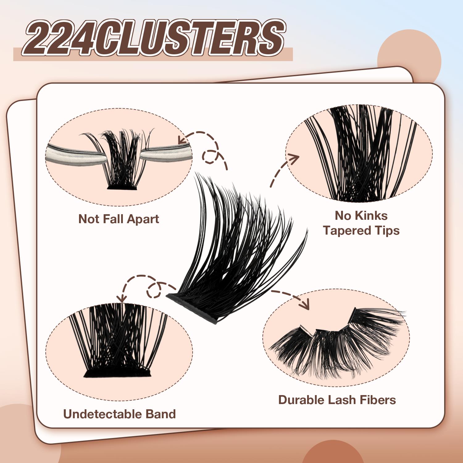 Ailaishi 60D+80D+100D Lash Clusters Kit, 224PCS DlY EyelashExtensions, 10-16mm Dense Volume Lashes with Bond &Seal Remover Tweezers for Self Use